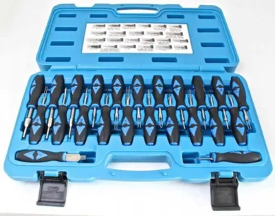 A blue plastic case containing a set of 23 tools for releasing pins in vehicle wiring harnesses.