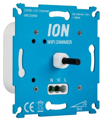 Obrázek produktu pro ION Industries, Wi-Fi LED stmívač – do omítky – 0,3–200 W – nevyžaduje nulový vodič – funguje i bez Wi-Fi – systém pro chytrý domov – platforma Tuya Smart – otočný knoflík – 71x71 mm – modrá