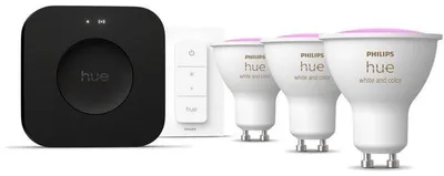 Produktbild von Philips Hue Starter Kit, Bridge Pro, 3 GU10 Spots 400 Lumen, Dimmer Switch, Farbige Ambientebeleuchtung