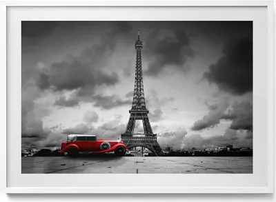 Produktbild von Der Eiffelturm und das rote Auto– Wandbild mit Rahmen – Gerahmtes Bild  – Wanddekoration – 100x70 cm –  Weiß Rahmen