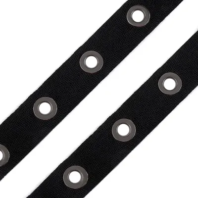 Produktbild von 1m Ösenband gewebt schwarz mit eingestanzten runden Ösen Größenwahl Meterware, Größe:24mm, Farbe:schwarz | Öse anthrazit