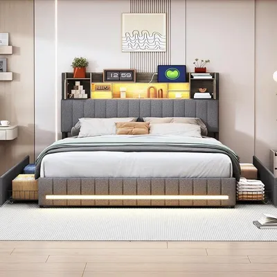 Produktbild von Polsterbett Doppelbett 160x200, Doppelbettrahmen 140 x 200, Stauraumbett mit 4 Schubladen und Kopfteil, Leinen, Ohne Matratze (140×200cm)