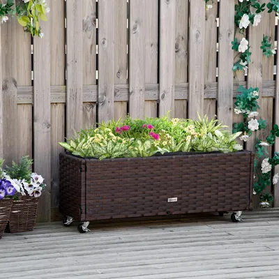 Produktbild von Hochbeet PE-Rattan mit Rollen, Blumenkasten Blumenkübel, Pflanzkasten wetterfest, Kaffee-Braun | 94,5 x 31 x 36 cm | Stahl-Gestell | UV-resistent
