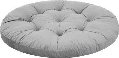 A round, tufted cushion on a white background.