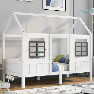 Produktbild von Sweiko Kinderbett Hausbett mit 2 Fenstern und Rausfallschutz mit Lattenrost Massives Kiefernbett Einzelbett 90x200 cm Weiß