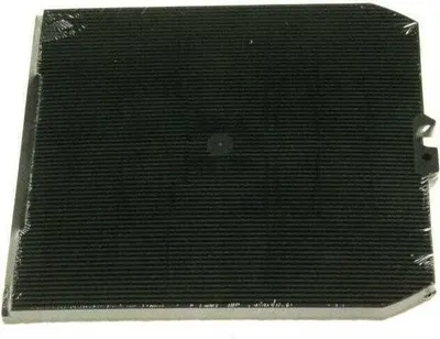 A black rectangular filter with a textured surface, possibly for a kitchen appliance.