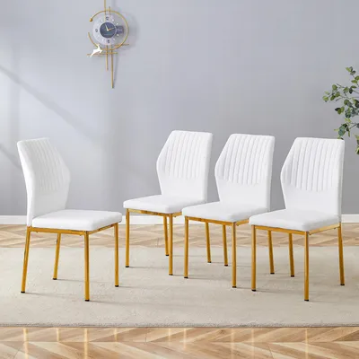 Zdjęcie produktu dla Zestaw 4 białych krzeseł do jadalni – eleganckie krzesła tapicerowane z wytłoczonym wzorem wzdłużnych pasków; nowoczesne krzesła kuchenne zpoliuretan skóry na solidnych, złocistych metalowych nogach