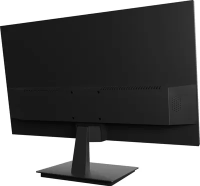 The back of a black computer monitor on a white background.