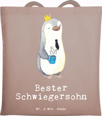 Produktbild von Mr. & Mrs. Panda Jutebeutel Pinguin Bester Schwiegersohn - Braun Pastell - Geschenk, Tote Bag, Tasche, Hochzeit, Frau, Heirat, Dankeschön, Laptoptasche, Einkaufstasche