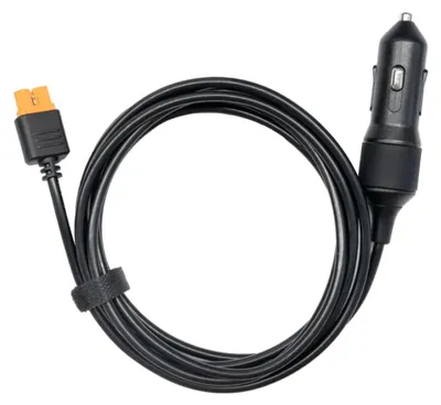 A black cable with a car charger plug on one end and an XT60 connector on the other, coiled on a white background.