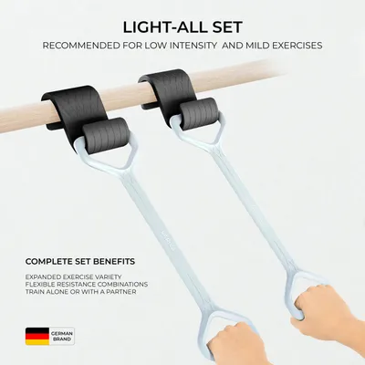 Produktbild von Set variva all light mit elastischen Trainingsbändern und universellen Haken. Vielfältige Fitnessübungen. Sicher, robust, patentiert und getestet.