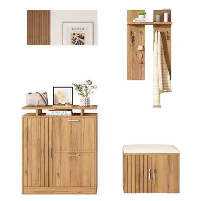 Produktbild von Clinvia Flur-Schuhschrank-Set, Wandgarderobe, Garderobenset 4-er mit Schuhschrank, Schuhbank, Spiegel und Wandgarderobe mit Haken, Natur, 140×35×133cm