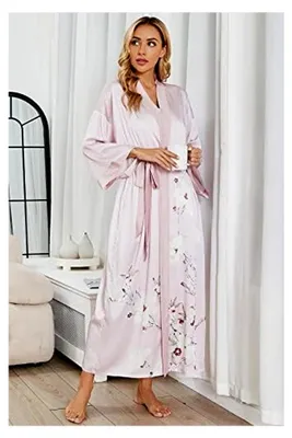 Produktbild von Damen-Kimono-Bademantel aus Seide, lang, Nachtwäsche, Blumendesign, Hochzeitsrobe, Nachthemd, Satin, Bademantel für Brautjungfern