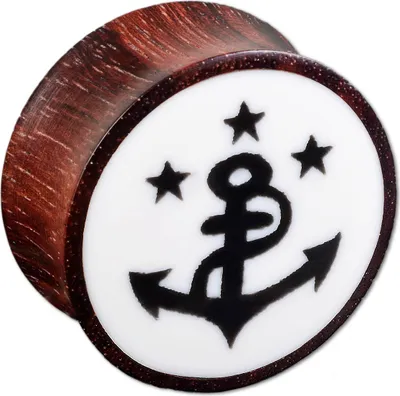 Produktbild von viva-adorno 1 Stück 24mm Double Flared Plug Flesh Tunnel Holz Anker Sterne Ohr Piercing handgefertigt Maritim Größe 6 - 30mm Z482,weiß,Anker schwarz