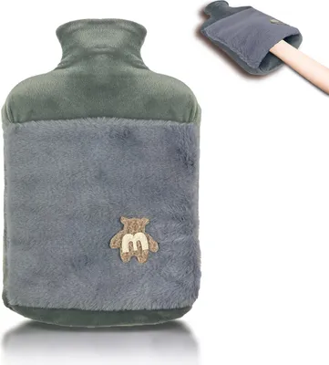 Produktbild von Wärmflasche 2.0L mit Deckel und Kuschelweichem Fellbezug, Kängurutasche - Auslaufsicher, Bettflasche mit weichem Abnehmbarem Bezug(Bär grau)