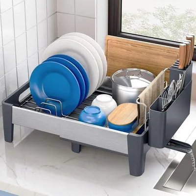 Produktbild von Unyqoos® Verstellbares Edelstahl-Geschirrabtropfgestell mit Besteckkorb und Tuchhalter, Aluminium, 32,2–50 cm