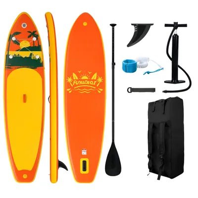 Image de Planche de SUP gonflable Funwater & planche de stand up paddle 335 × 84 × 15 cm, motif tropical ensoleillé orange et jaune, capacité de charge de 190 kg, kit complet adapté aux débutants