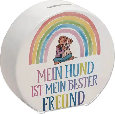 Produktbild von Bester Freund Spardose - Frau umarmt Hund unter Regenbogen