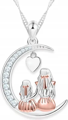 Produktbild von Halskette „Mutter und Kind Mond“ mit Zirkonia-Familienherz, 925er Silber