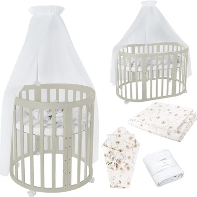 Produktbild von Waldin Babybett OWAL Kinderbett 7in1 mit Matratze, mitwachsendes Kinder-Bett,Stoffe Weiß Löwenzahn,Holz olive