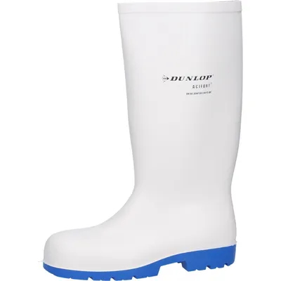 A white Dunlop Acifort boot with a blue sole, shown from the side against a white background.