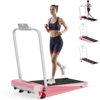 Produktbild von Laufband Klappbar(1-10 km/h) mit 5% Neigung, 3-in-1 Laufbänder mit Haltegriff, Walking Pad für Zuhause Klein Laufpad, 2.5 ps Laufpad Gehband, Rosa