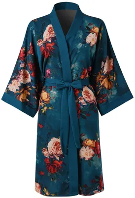 Produktbild von Ledamon Damen Kimono Kurz Robe Bademantel Nachthemd für Frauen (Dunkelgrün)