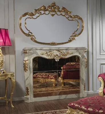 Produktbild von Casa Padrino Luxus Barock Möbel Set Kamin Barschrank mit Wandspiegel Grau / Gold - Verspiegelte Kunstmarmor Kamin Bar mit Spiegel - Hotel Restaurant Schloss Möbel - Luxus Qualität -  Italy