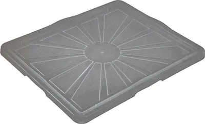 A transparent gray plastic lid with a sunburst pattern is shown from a diagonal angle against a white background.