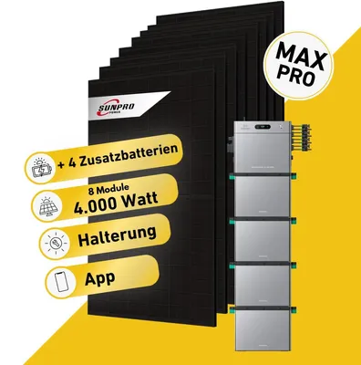 Produktbild von 4000 Watt, Bifazial Komplettset, Balkonkraftwerk, Zendure Solarflow 2400 Pro, 4 x AB3000L Zusatzbatterien