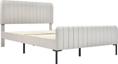 Produktbild von Flieks Polsterbett 140x200cm Doppelbett mit Lattenrost, Massivholzbett Jugendbett mit Verstellbarem Kopfteil, Gästebett Leinenstoff, Grau Beige