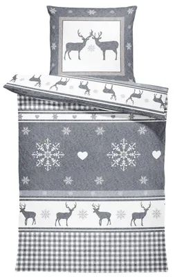 Produktbild von Winter Bettwäsche 135x200 cm Rentiere Hirsch anthrazit grau Flausch Thermofleece