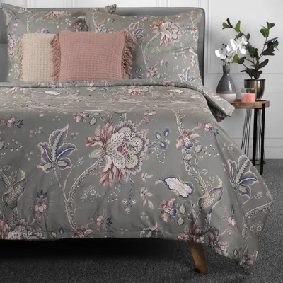 Produktbild von HOMLA Claras Mikrofaser Bettwäsche Set mit Kissenbezug 2 Kissenbezüge Blatt & Blumen Motiv Grau 160x200cm
