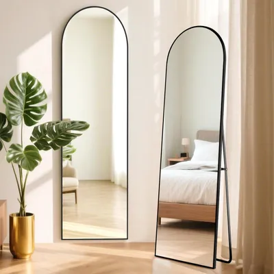 Immagine prodotto di Specchio a figura intera, forma ad arco o rettangolare, dimensioni 152x42 cm, colore nero, realizzato in lega di alluminio, da appoggio o da parete