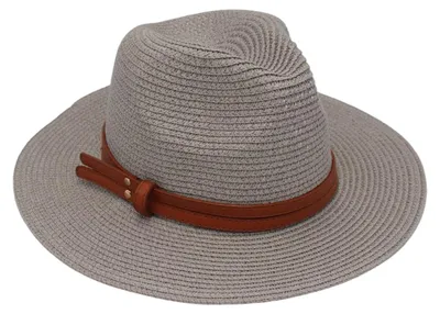 Produktbild von Damen-Jazzhut mit breiter Krempe, Kunstledergürtel, Strandhut aus Stroh, verstellbare Größe, UV-Schutz, faltbar, Sommerhut