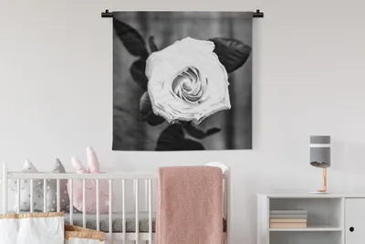 Produktbild von MuchoWow® Wandteppich Wandbehang Rose - Blumen - Blätter - Schwarz - Weiß 90x90 cm Tapisserie Dekoration Wandtuch - Wandaufhänger