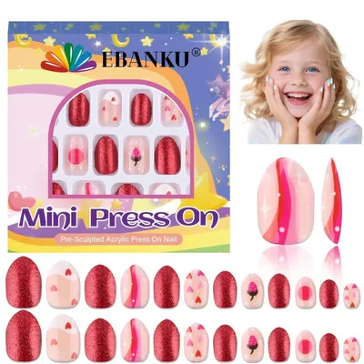 Immagine prodotto di Unghie finte per bambini, forma mandorla, cuore, 24 pezzi, plastica ABS