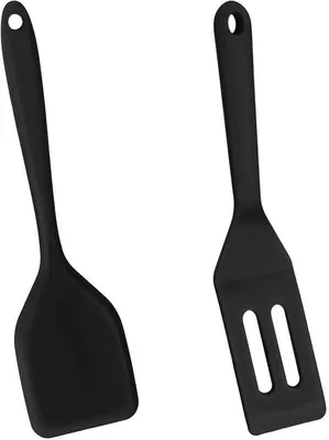 Produktbild von Ibenzoa® 2er-Set hitzebeständige Mini-Silikon-Spatel, schwarz – 21 x 5,5 cm & 20 x 4,2 cm, 1 glatt + 1 gelocht, antihaft, spülmaschinenfest