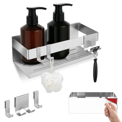 Image de Étagère de douche sans perçage, étagère de salle de bain 23x10x8 cm, argent, en acier inoxydable, avec crochets et support pour rasoir