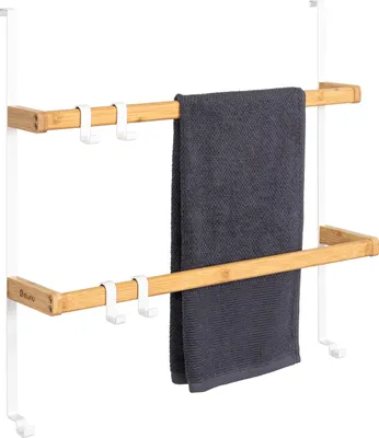 Produktbild von eluno Tür-Hängeregal aus Metall und Bambus, Tür-Handtuchhalter mit 2 Handtuchstangen, 4 praktischen Haken, zum Einhängen ohne Bohren, weiß