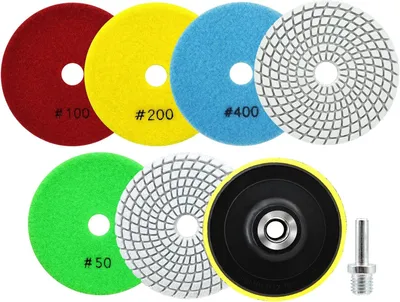 Imagen del producto de Juego de discos de pulido, 6 unidades, de 100 mm, con granos de 50 a 800, para pulido en húmedo de granito y mármol