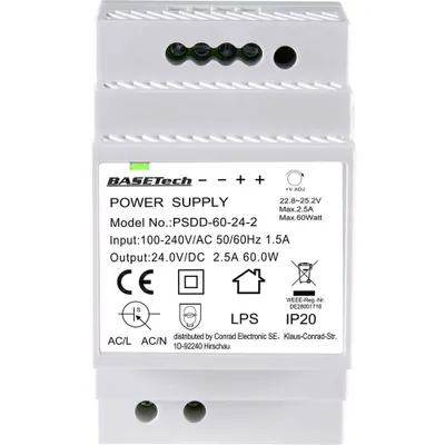 Imagen del producto de Fuente de alimentación para carril DIN Basetech BT-2250321, 24 V, 2.5 A, 60 W. Número de salidas: 2. Contenido: 1 unidad.