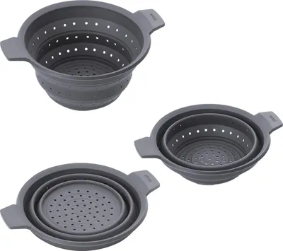 A collage of three gray silicone collapsible colanders of different sizes, shown from a diagonal angle.