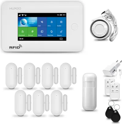 Immagine prodotto di HUXGO HXA006 Sistema di allarme casa WiFi + GSM 2G con sirena, sistema di allarme con 1x sensore di movimento e 7x sensore porta-finestra, sistema di allarme per appartamento, casa, garage, Tuya Smartlife App