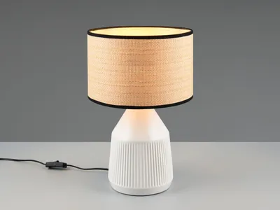 Produktbild von LED Tischlampe mit Keramikfuß Weiß & Lampenschirm Papier geflochten, 43cm groß