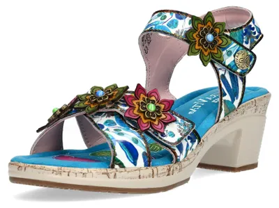 Produktbild von Laura Vita Damen Sandalette farbenfroh mit Blütenapplikationen aus Leder Beao 18, Größe:37 EU, Farbe:Türkis