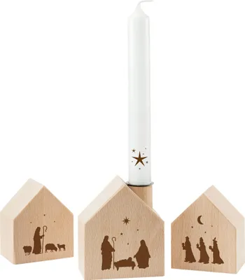 Produktbild von Weihnachts-Holzhaus-Set aus Buchenholz, 3er Set mit Kerzeneinsatz für Stabkerze