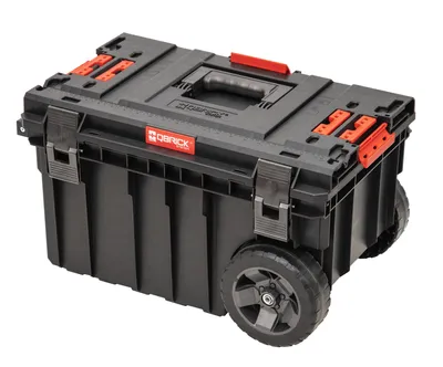 A black rolling toolbox with red accents, shown from a slightly elevated side angle against a white background.