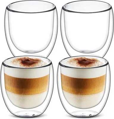 Image de Tasses à café en verre à double paroi - Lot de 4 - Verres à cappuccino - Verres isothermes - Tasses en verre transparent pour boissons chaudes