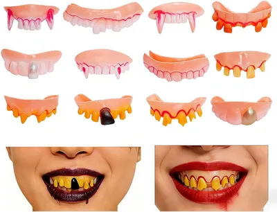 Produktbild von Vampirzähne mit Blutflecken – 12 Stück – Künstliche Zahnspange – Kostümaccessoires für Halloween, Karneval und Maskenbälle